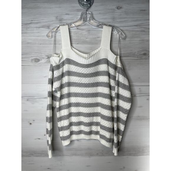 SO Cold Shoulder Pullover Sweater Womens Large White Gray Stripe Knit NWT Kohl's - Picture 1 of 10